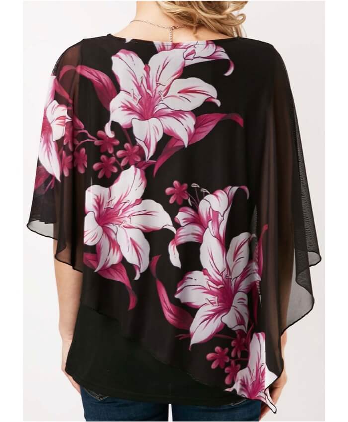 Flower Print Black Chiffon Overlay Blouse